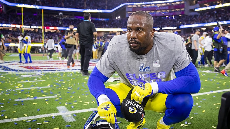 Feb 13, 2022; Inglewood, CA, USA; Los Angeles Rams linebacker Von Miller (40) reacts after defeating the Cincinnati Bengals during Super Bowl LVI at SoFi Stadium. Mandatory Credit: Mark J. Rebilas-USA TODAY Sports
