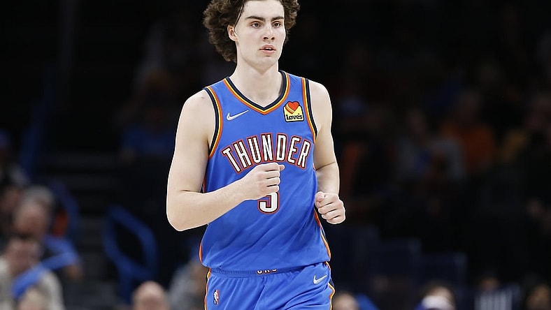 Feb 16, 2022; Oklahoma City, Oklahoma, USA; Oklahoma City Thunder guard Josh Giddey (3) runs down the court against the San Antonio Spurs during the second half at Paycom Center. San Antonio won 114-106. Mandatory Credit: Alonzo Adams-USA TODAY Sports