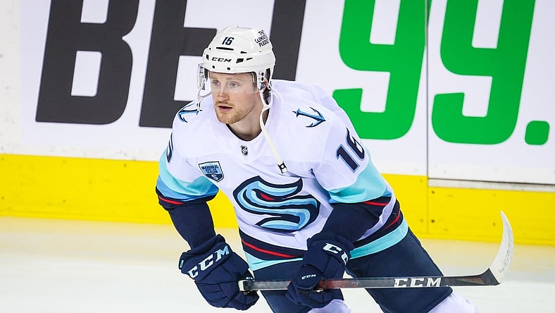Feb 19, 2022; Calgary, Alberta, CAN; Seattle Kraken left wing Jared McCann (16) skates during the warmup period against the Calgary Flames at Scotiabank Saddledome. Mandatory Credit: Sergei Belski-USA TODAY Sports