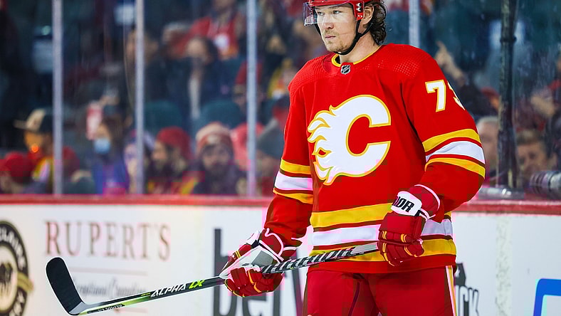 Feb 19, 2022; Calgary, Alberta, CAN; Calgary Flames right wing Tyler Toffoli (73) during the second period against the Seattle Kraken at Scotiabank Saddledome. Mandatory Credit: Sergei Belski-USA TODAY Sports