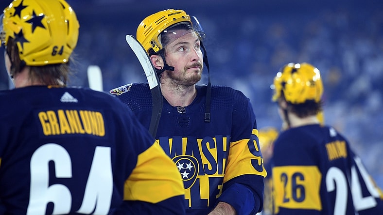 Feb 26, 2022; Nashville, Tennessee, USA; Nashville Predators center Matt Duchene (95) reacts after a loss against the Tampa Bay Lightning in a Stadium Series ice hockey game at Nissan Stadium. Mandatory Credit: Christopher Hanewinckel-USA TODAY Sports