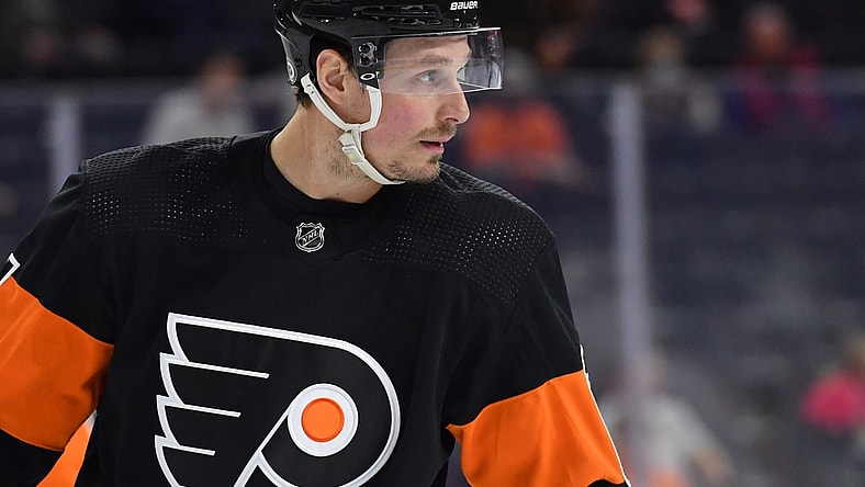 Feb 21, 2022; Philadelphia, Pennsylvania, USA; Philadelphia Flyers defenseman Justin Braun (61) against the Carolina Hurricanes at Wells Fargo Center. Mandatory Credit: Eric Hartline-USA TODAY Sports