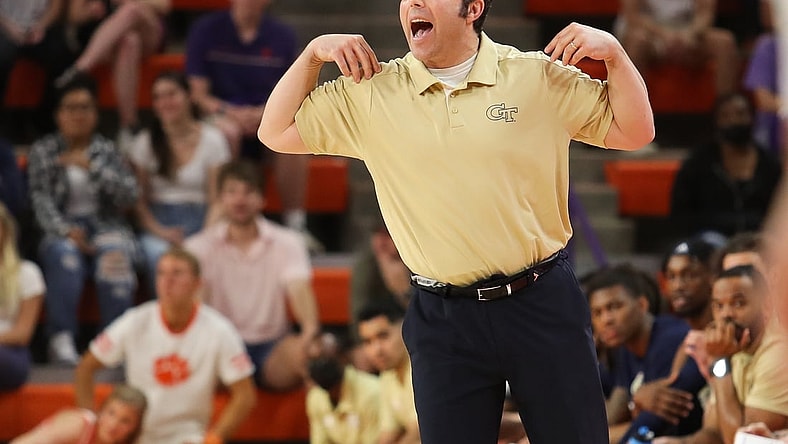 Mar 2, 2022; Clemson, South Carolina, USA; Georgia Tech Yellow Jackets head coach Josh Pastner gestures during the first half against the Clemson Tigers at Littlejohn Coliseum. Mandatory Credit: Dawson Powers-USA TODAY Sports
