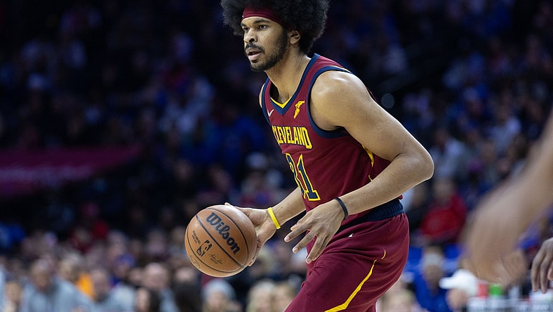 Mar 4, 2022; Philadelphia, Pennsylvania, USA; Cleveland Cavaliers center Jarrett Allen (31) dribbles the ball against the Philadelphia 76ers during the first quarter at Wells Fargo Center. Mandatory Credit: Bill Streicher-USA TODAY Sports