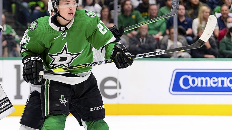 Mar 2, 2022; Dallas, Texas, USA; Dallas Stars left wing Jason Robertson (21) in action during the game between the Los Angeles Kings and the Dallas Stars at the American Airlines Center. Mandatory Credit: Jerome Miron-USA TODAY Sports