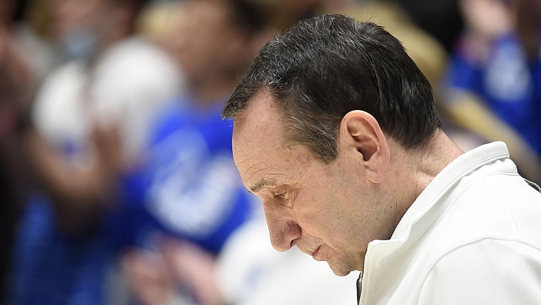 Mar 5, 2022; Durham, North Carolina, USA; Duke Blue Devils head coach Mike Krzyzewski bows his head during the national anthem prior to a game against the North Carolina Tar Heels at Cameron Indoor Stadium. Mandatory Credit: Rob Kinnan-USA TODAY Sports