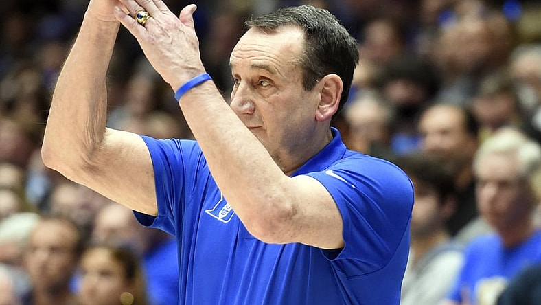 Mar 5, 2022; Durham, North Carolina, USA; Duke Blue Devils head coach Mike Krzyzewski calls timeout during the second half against the North Carolina Tar Heels at Cameron Indoor Stadium.  The Tar Heels won 94-81. Mandatory Credit: Rob Kinnan-USA TODAY Sports