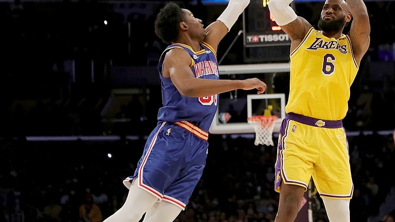 Mar 5, 2022; Los Angeles, California, USA; Los Angeles Lakers forward LeBron James (6) shoots during the fourth quarter against the Golden State Warriors at Crypto.com Arena. The Lakers won 124-116. Mandatory Credit: Kiyoshi Mio-USA TODAY Sports