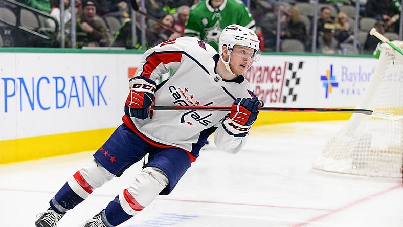 Jan 28, 2022; Dallas, Texas, USA; Washington Capitals center Joe Snively (91) in action during the game between the Washington Capitals and the Dallas Stars at the American Airlines Center. Mandatory Credit: Jerome Miron-USA TODAY Sports