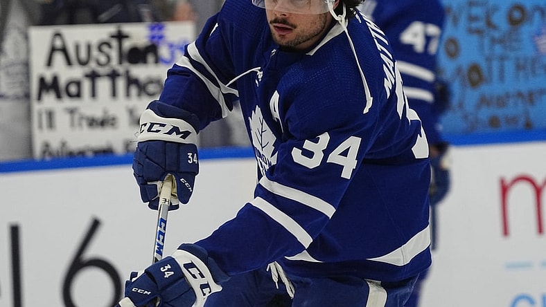 Mar 8, 2022; Toronto, Ontario, CAN;  Toronto Maple Leafs forward Auston Matthews (34) during warm up before a game against the Seattle Kraken at Scotiabank Arena. Mandatory Credit: John E. Sokolowski-USA TODAY Sports
