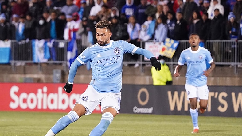 Mar 8, 2022; Hartford, Connecticut, USA; New York City FC V. Castellanos (11) kicks the ball against Comunicaciones FC in the second half of the Concacaf Champions League Quarterfinal at Rentschler Field. Mandatory Credit: David Butler II-USA TODAY Sports