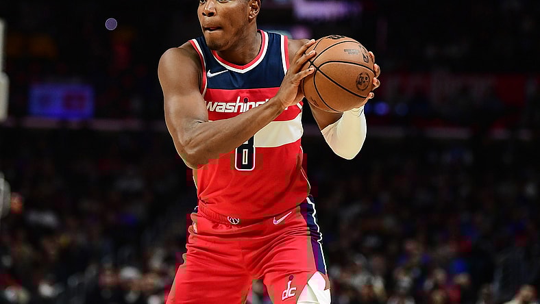 Mar 9, 2022; Los Angeles, California, USA; Washington Wizards forward Rui Hachimura (8) controls the ball against the Los Angeles Clippers during the second half at Crypto.com Arena. Mandatory Credit: Gary A. Vasquez-USA TODAY Sports