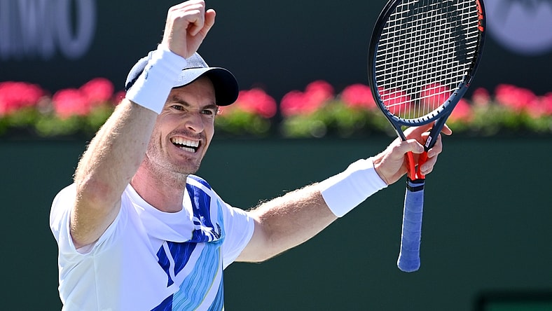 Mar 11, 2022; Indian Wells, CA, USA;  Andy Murray (GBR) celebrates after defeating Taro Daniel (JPN) for his 700th career match win at the BNP Paribas Open at the Indian Wells Tennis Garden. Mandatory Credit: Jayne Kamin-Oncea-USA TODAY Sports