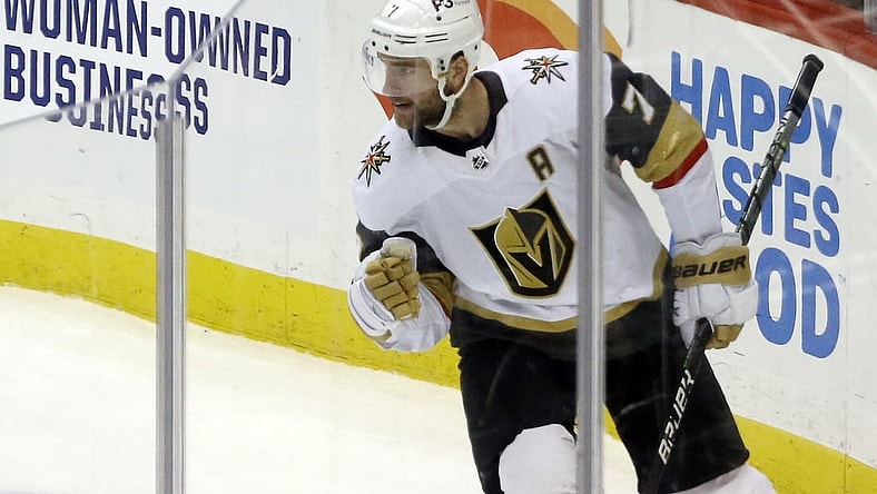 Mar 11, 2022; Pittsburgh, Pennsylvania, USA;  Vegas Golden Knights defenseman Alex Pietrangelo (7) reacts after scoring a goal against the Pittsburgh Penguins during the second period at PPG Paints Arena. Mandatory Credit: Charles LeClaire-USA TODAY Sports