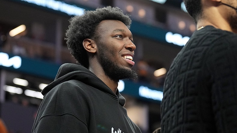 Mar 12, 2022; San Francisco, California, USA; Golden State Warriors center James Wiseman (33) stands in front of the bench during the second quarter against the Milwaukee Bucks at Chase Center. Mandatory Credit: Darren Yamashita-USA TODAY Sports