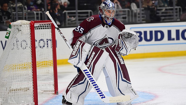 Mar 15, 2022; Los Angeles, California, USA; Colorado Avalanche goaltender Darcy Kuemper (35) defends the goal against the Los Angeles Kings during the second period at Crypto.com Arena. Mandatory Credit: Gary A. Vasquez-USA TODAY Sports