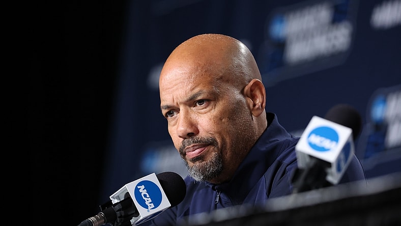 Mar 16, 2022; Portland, OR, USA; Georgia State Panthers head coach Rob Lanier answers questions from media during practice before the first round of the 2022 NCAA Tournament at Moda Center. Mandatory Credit: Jaime Valdez-USA TODAY Sports