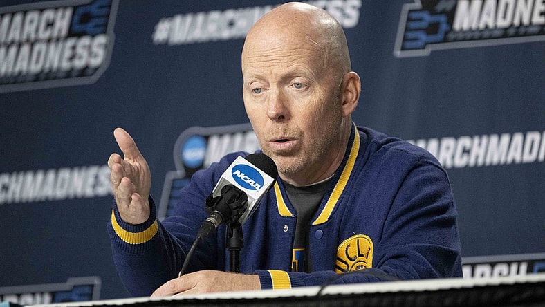Mar 16, 2022; Portland, OR, USA; UCLA Bruins head coach Mick Cronin answers questions during a media conference at Moda Center. Mandatory Credit: Troy Wayrynen-USA TODAY Sports
