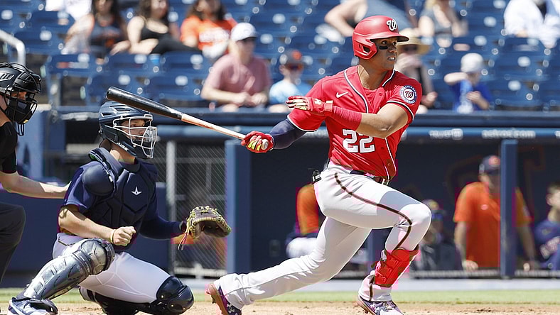Mar 20, 2022; West Palm Beach, Florida, USA; Washington Nationals right fielder Juan Soto (22) bats in the first inning during spring training at The Ballpark of the Palm Beaches. Mandatory Credit: Rhona Wise-USA TODAY Sports
