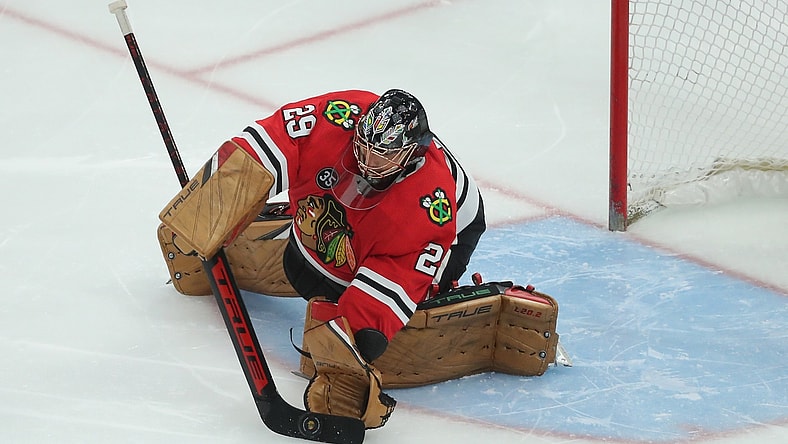 Mar 20, 2022; Chicago, Illinois, USA; Chicago Blackhawks goaltender Marc-Andre Fleury (29) makes a save during the third period against the Winnipeg Jets at the United Center. Mandatory Credit: Dennis Wierzbicki-USA TODAY Sports