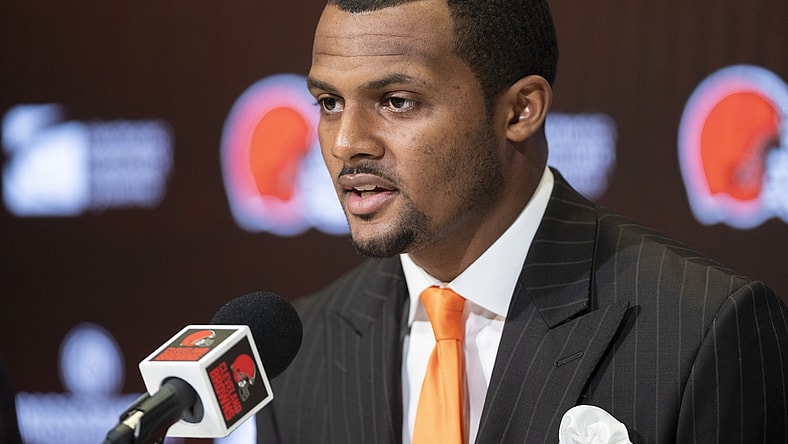 Mar 25, 2022; Berea, OH, USA;  Cleveland Browns quarterback Deshaun Watson talks with the media during a press conference at the CrossCountry Mortgage Campus. Mandatory Credit: Ken Blaze-USA TODAY Sports