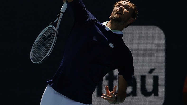 Mar 26, 2022; Miami Gardens, FL, USA; Daniil Medvedev serves against Andy Murray (GBR) (not pictured) in a second round men's singles match in the Miami Open at Hard Rock Stadium. Mandatory Credit: Geoff Burke-USA TODAY Sports