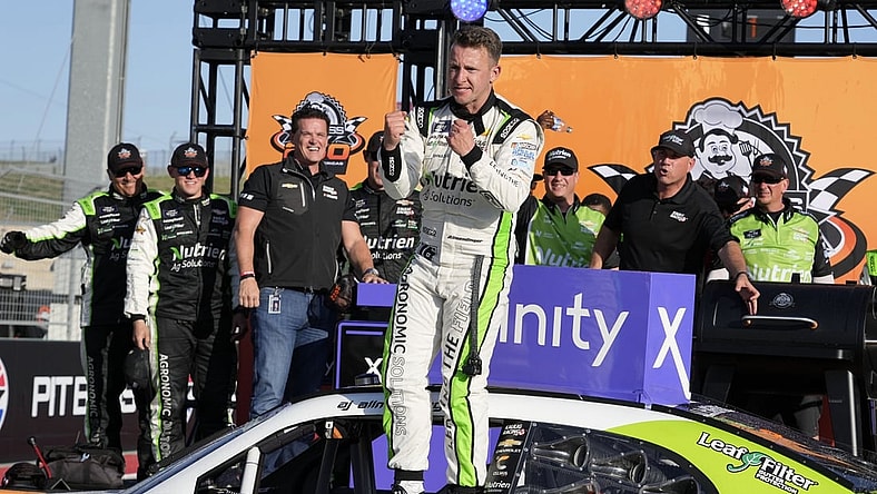 Mar 26, 2022; Austin, Texas, USA; Xfinity Series driver AJ Allmendinger (16) reacts after winning the Pit Boss 250 at Circuit of the Americas. Mandatory Credit: Mike Dinovo-USA TODAY Sports