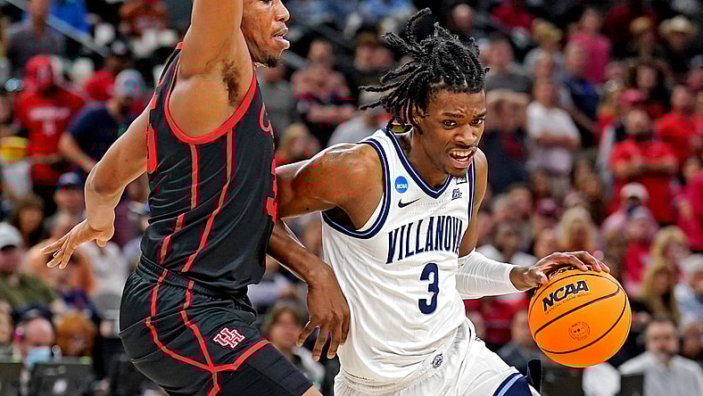 Mar 26, 2022; San Antonio, TX, USA; Villanova Wildcats forward Brandon Slater (3) drives to the basket against Houston Cougars forward Fabian White Jr. (35) during the second half in the finals of the South regional of the men's college basketball NCAA Tournament at AT&T Center. Mandatory Credit: Daniel Dunn-USA TODAY Sports