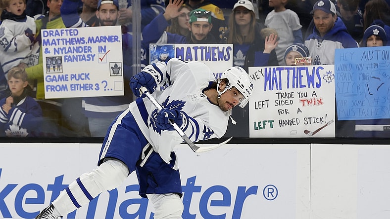 Mar 29, 2022; Boston, Massachusetts, USA; Toronto Maple Leafs center Auston Matthews (34) warms up in front of Maple Leaf fans before their game against the Boston Bruins at TD Garden. Mandatory Credit: Winslow Townson-USA TODAY Sports
