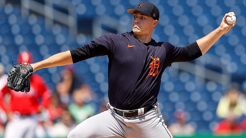 Mar 30, 2022; Clearwater, Florida, USA; Detroit Tigers starting pitcher Tarik Skubal (29) throws a pitch against the Philadelphia Phillies in the first inning during spring training at BayCare Ballpark. Mandatory Credit: Nathan Ray Seebeck-USA TODAY Sports