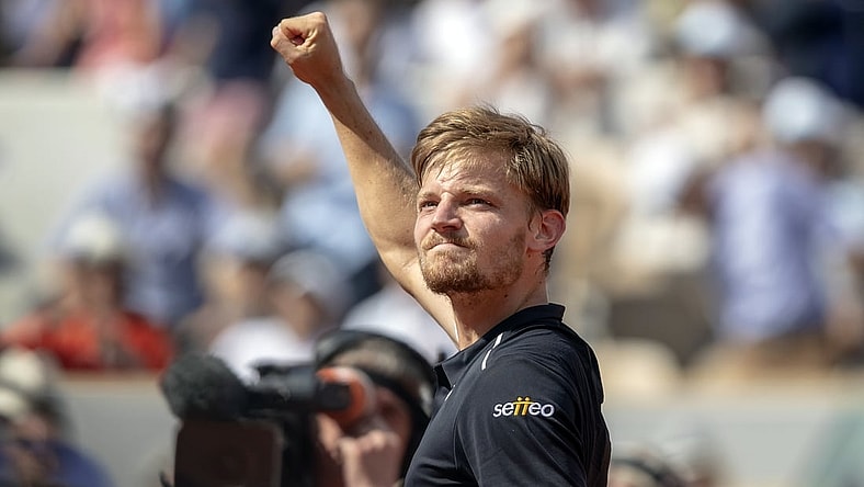 Jun 2, 2018, Paris, France: David Goffin (BEL) celebrates match point during his match against Gael Monfils (FRA) on day seven of the 2018 French Open at Roland Garros.  Mandatory Credit: Susan Mullane-USA TODAY Sports