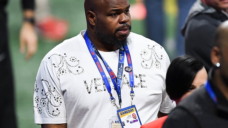 Feb 3, 2019; Atlanta, GA, USA; NFL former player Vince Wilfork walks the sidelines before Super Bowl LIII between the New England Patriots and the Los Angeles Rams at Mercedes-Benz Stadium. Mandatory Credit: Dale Zanine-USA TODAY Sports