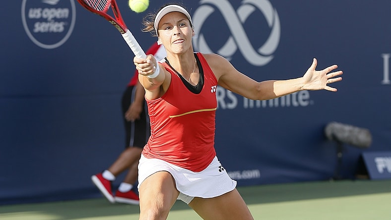 Aug 7, 2019; Toronto, Ontario, Canada; Tatjana Maria (GER) hits a ball to Naomi Osaka (not pictured) during the Rogers Cup tennis tournament at Aviva Centre. Mandatory Credit: John E. Sokolowski-USA TODAY Sports