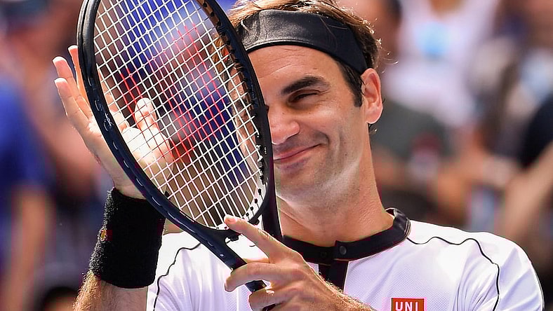 Sept 1, 2019; Flushing, NY, USA; Roger Federer of Switzerland reacts after beating David Goffin of Belgium in the fourth round on day seven of the 2019 U.S. Open tennis tournament at USTA Billie Jean King National Tennis Center. Mandatory Credit: Robert Deutsch-USA TODAY Sports