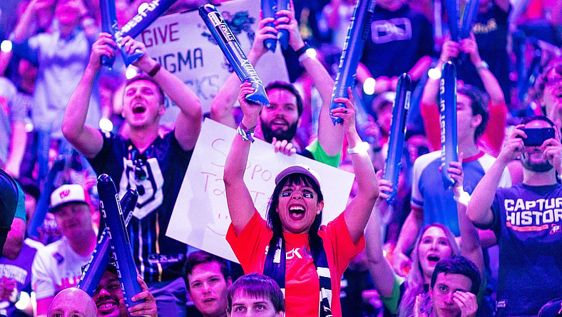 Sep 29, 2019; Philadelphia, PA, USA; Fans react during the Overwatch League Grand Finals e-sports event between the Vancouver Titans and San Francisco Shock at Wells Fargo Center. Mandatory Credit: Bill Streicher-USA TODAY Sports