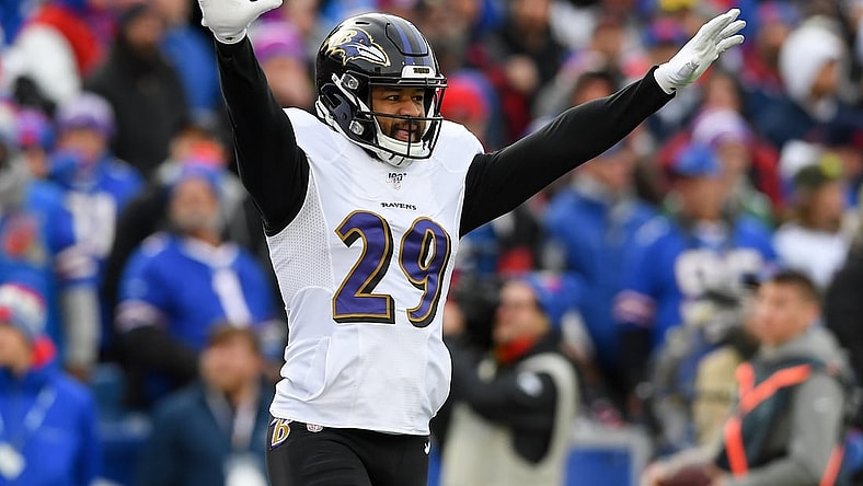 Dec 8, 2019; Orchard Park, NY, USA; Baltimore Ravens free safety Earl Thomas (29) reacts to a defensive play against the Buffalo Bills during the second quarter at New Era Field. Mandatory Credit: Rich Barnes-USA TODAY Sports