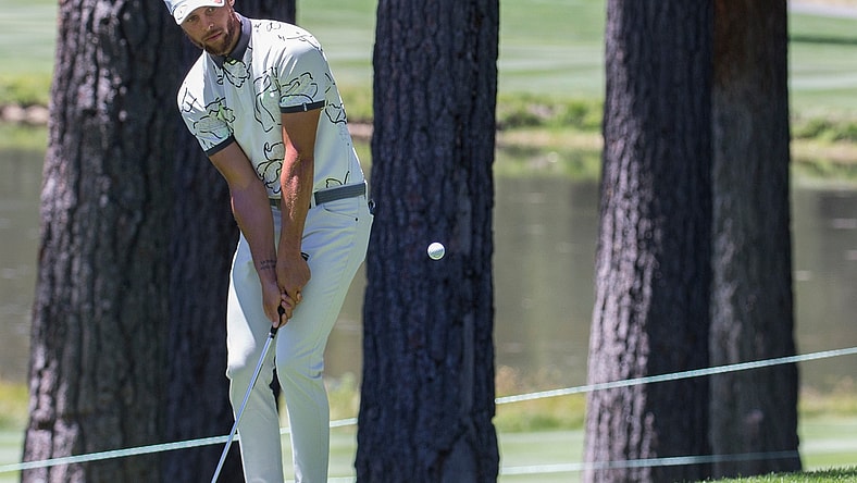 Stephen Curry putts during the ACC Golf Tournament at Edgewood Tahoe Golf Course in South Lake Tahoe on Sunday, July 12, 2020.