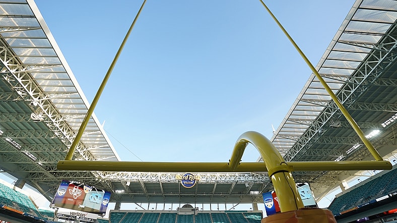 Jan 2, 2021; Miami Gardens, FL, USA; A general view of an upright in the end zone prior to the game between the Texas A&M Aggies and the North Carolina Tar Heels at Hard Rock Stadium. Mandatory Credit: Jasen Vinlove-USA TODAY Sports
