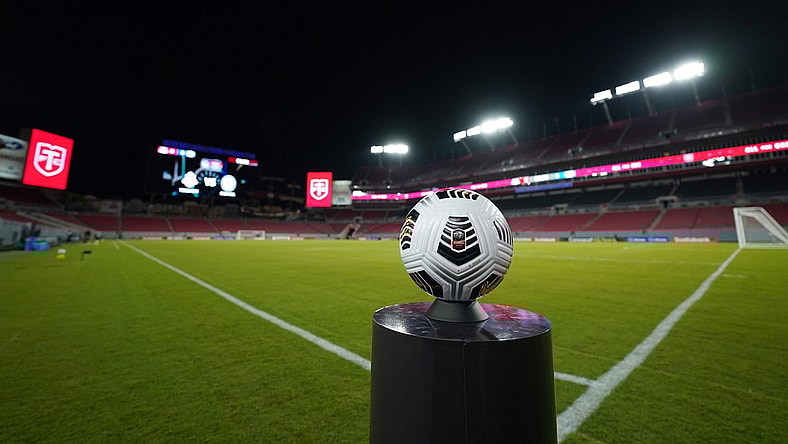 Apr 27, 2021; Tampa, Florida, USA; A general view of the match ball on a stand prior to the match between Toronto FC and Cruz Azul at Raymond James Stadium. Mandatory Credit: Jasen Vinlove-USA TODAY Sports