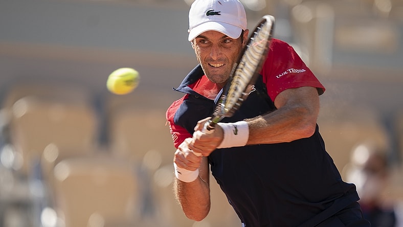 May 30, 2021; Paris, France; Pablo Andujar (ESP) in action during his match against Dominic Thiem (AUT) at Roland Garros Stadium. Mandatory Credit: Susan Mullane-USA TODAY Sports