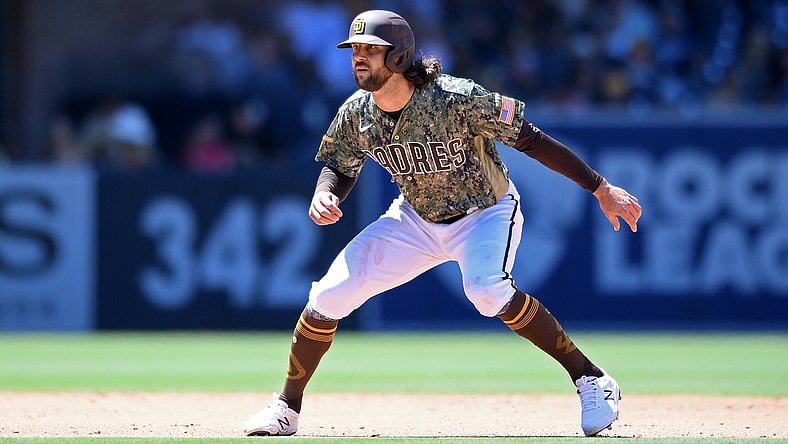 Aug 1, 2021; San Diego, California, USA; San Diego Padres center fielder Jake Marisnick (16) leads off second base during the fourth inning against the Colorado Rockies at Petco Park. Mandatory Credit: Orlando Ramirez-USA TODAY Sports