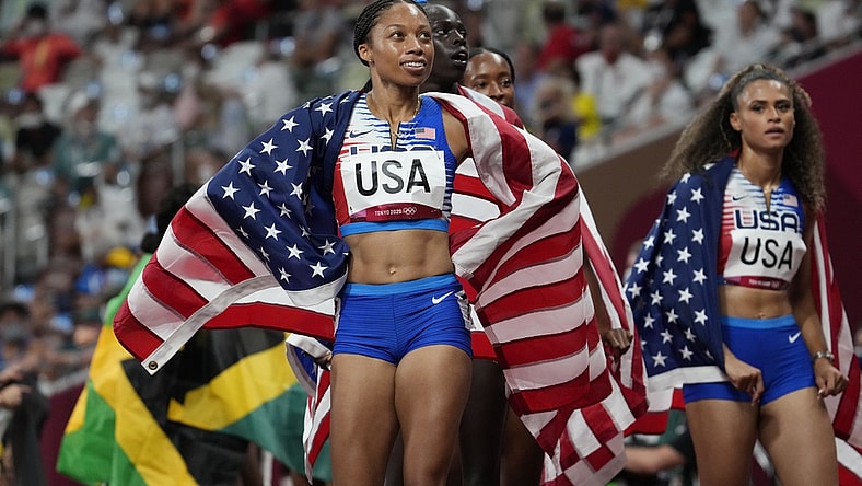Aug 7, 2021; Tokyo, Japan; Allyson Felix (USA) reacts after USA won the 4x400m final during the Tokyo 2020 Summer Olympic Games at Olympic Stadium. Mandatory Credit: James Lang-USA TODAY Sports