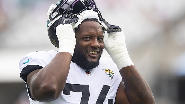 Sep 19, 2021; Jacksonville, Florida, USA; Jacksonville Jaguars offensive tackle Cam Robinson (74) against the Denver Broncos at TIAA Bank Field. Mandatory Credit: Mark J. Rebilas-USA TODAY Sports