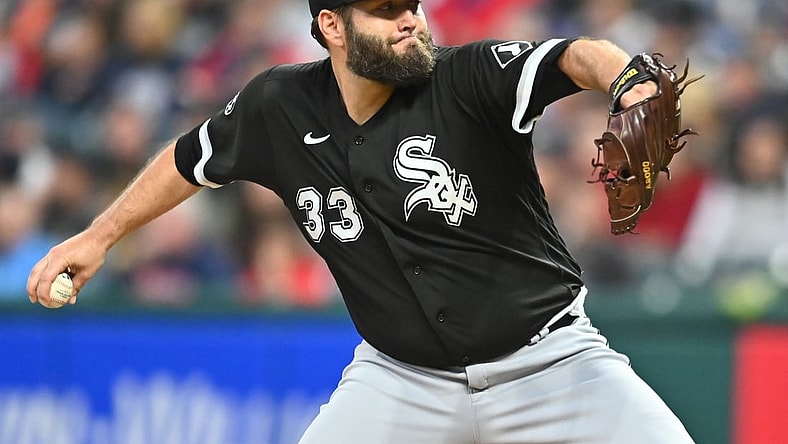 Sep 24, 2021; Cleveland, Ohio, USA; Chicago White Sox starting pitcher Lance Lynn (33) throws a pitch during the first inning against the Cleveland Indians at Progressive Field. Mandatory Credit: Ken Blaze-USA TODAY Sports