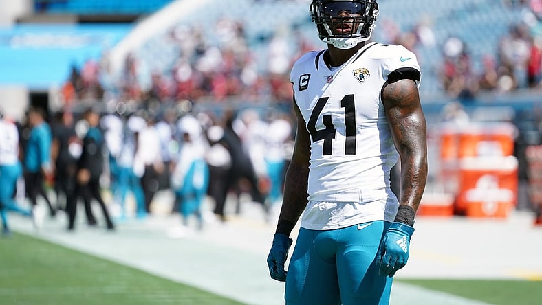 Sep 26, 2021; Jacksonville, Florida, USA; Jacksonville Jaguars linebacker Josh Allen (41) warms up prior to the game against the Arizona Cardinals at TIAA Bank Field. Mandatory Credit: Jasen Vinlove-USA TODAY Sports