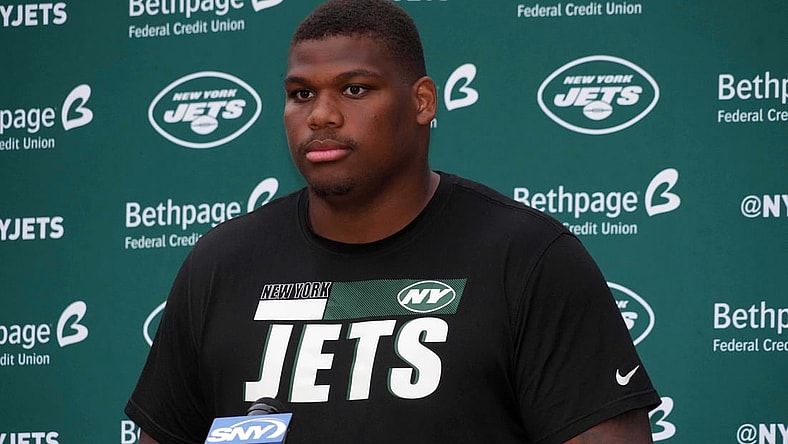 Oct 8, 2021; Ware, England, United Kingdom; New York Jets defensive tackle Quinnen Williams (95) at a press conference at the Manor Marriott Hotel and Country Club. Mandatory Credit: Kirby Lee-USA TODAY Sports