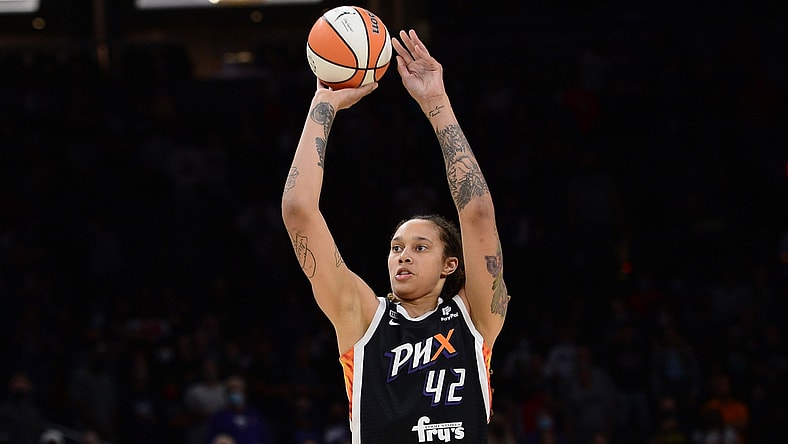 Oct 13, 2021; Phoenix, Arizona, USA; Phoenix Mercury center Brittney Griner (42) shoots against the Chicago Sky during the first half of game two of the 2021 WNBA Finals at Footprint Center. Mandatory Credit: Joe Camporeale-USA TODAY Sports