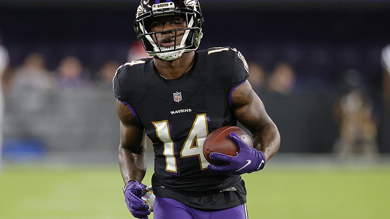 Oct 11, 2021; Baltimore, Maryland, USA; Baltimore Ravens wide receiver Sammy Watkins (14) participates in warmups prior to the Ravens' game against the Indianapolis Colts at M&T Bank Stadium. Mandatory Credit: Geoff Burke-USA TODAY Sports