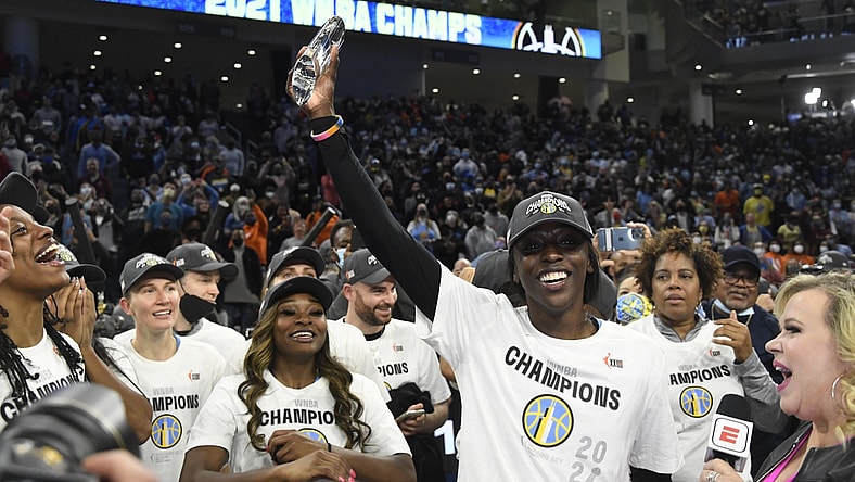 Oct 17, 2021; Chicago, Illinois, USA; Chicago Sky guard/forward Kahleah Copper (2) after receiving the MVP trophy after the Chicago Sky beat the Phoenix Mercury 80-74 in game four of the 2021 WNBA Finals at Wintrust Arena. Mandatory Credit: Matt Marton-USA TODAY Sports