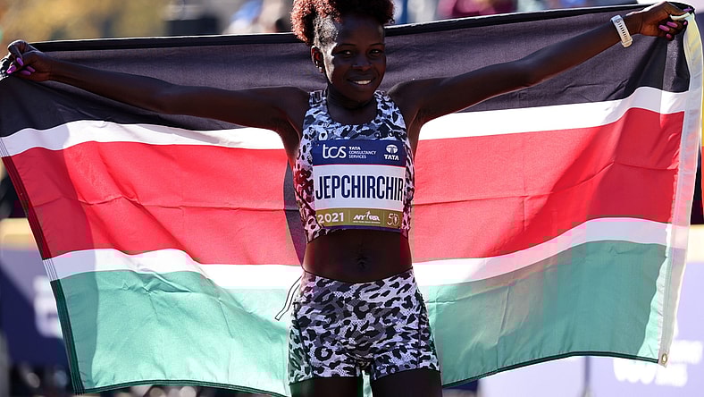 Nov 7, 2021; New York, New York, USA; Peres Jepchirchir, of Kenya, crossed the finish line in first place with a time of 2:22:39 at the New York City Marathon. Mandatory Credit: Kevin R. Wexler-USA TODAY Sports